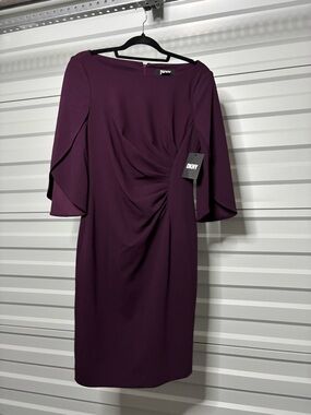 DKNY Deep Plum Midi Sheath Dress with Side Gather